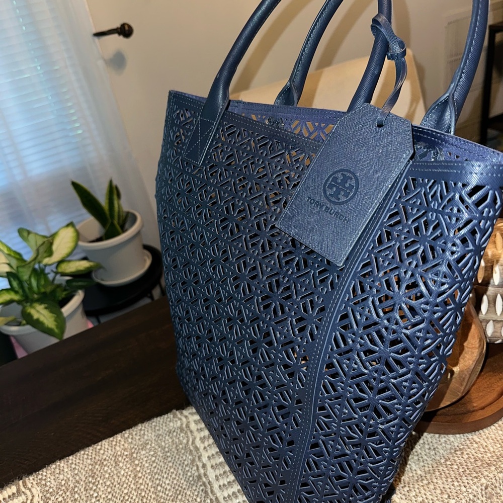 Tory Burch Navy Laser-Cut Tote - Picture 4 of 13